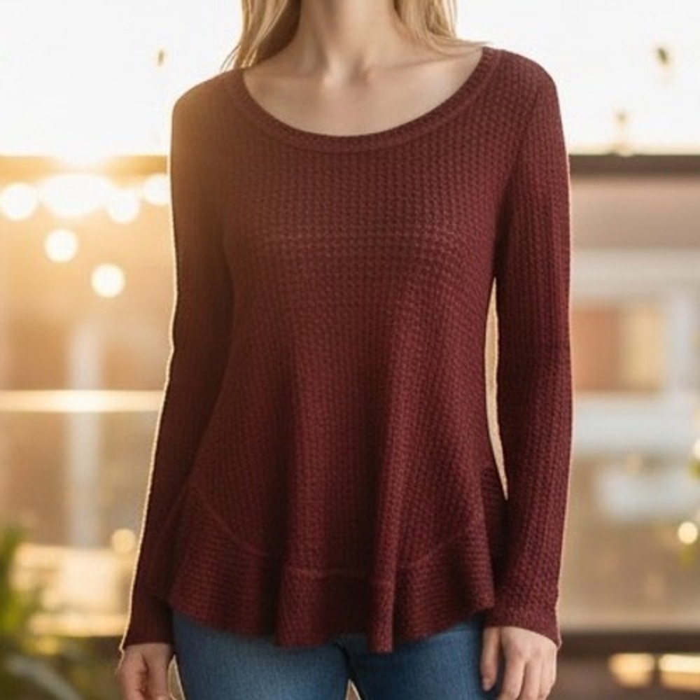Saturday Sunday by Anthropologie Boho Waffle Knit Top Women XS Wine Color